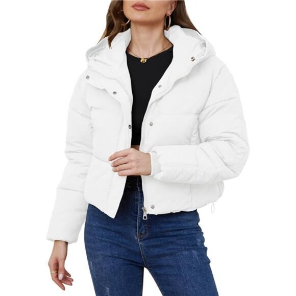 Womens Cropped Puffer Jacket Hooded Zip Up White - Picture 1 of 6